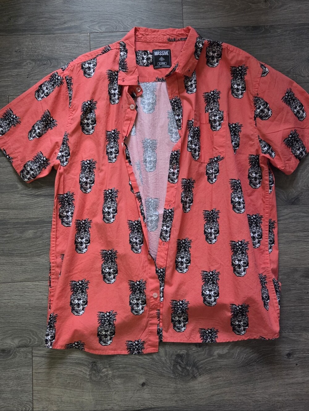 Massive Coral Red Pineapple Skull Button-Down Shirt for Men
